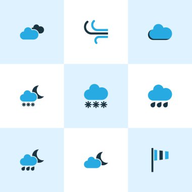 İklim Icons Set renkli. Blizzard, sis, çiseleyen yağmur ve diğer öğeleri koleksiyonu. Ayrıca kar yağışı, fırtına, kaçak içki gibi simgeler içerir.