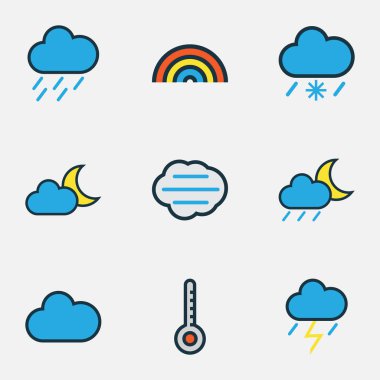 İklim renkli anahatlar ayarla. Ölçek, gökkuşağı, Puslu ve diğer öğeleri koleksiyonu. Ayrıca derece, ölçek, Rüzgar gibi simgeler içerir.