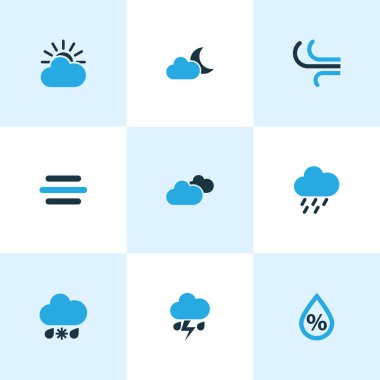 Meteoroloji Icons Set renkli. Nem, soğuk hava, bulutlu gökyüzü ve diğer öğeleri koleksiyonu. Ayrıca hava, kaçak içki, çiseleyen yağmur gibi simgeler içerir.