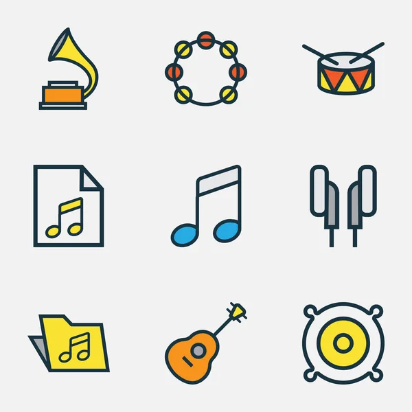 Σετ ήχου χρωματιστά περιγράμματα. Συλλογή συμβολοσειρών, ήχος, λίστα και άλλα στοιχεία. Επίσης περιλαμβάνει σύμβολα όπως ντέφι, Soundtrack, ακουστικά. — Διανυσματικό Αρχείο