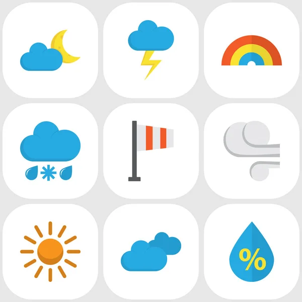 Conjunto de ícones meteorológicos planos. Coleção de Sol, Crescente, Banner e outros elementos. Também inclui símbolos como ensolarado, cores, arco . — Vetor de Stock