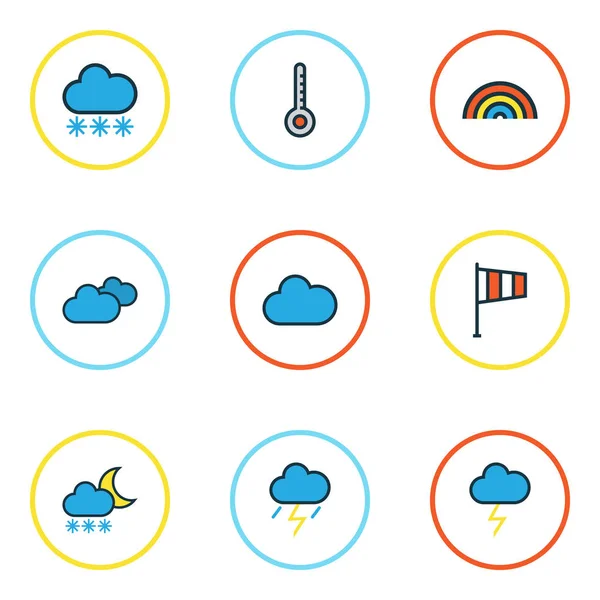 Conjunto de contornos de colores meteorológicos. Colección de día nublado, arco iris, congelación y otros elementos. También incluye símbolos como tormenta, clima, nublado . — Vector de stock