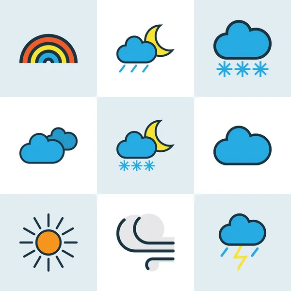 Meteorologi, fargede oversikter. Innsamling av snø, overskyet vær, regnbue og andre elementer. Omfatter også symboler som skyer, solskinn, bris. . – stockvektor