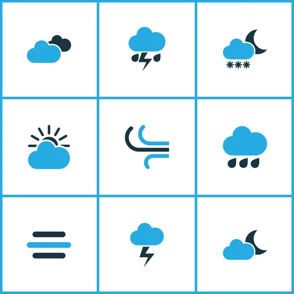 Набор разноцветных иконок. Коллекция Blizzard, Wind, Cloudy Sky And Other Elements. Also Includes Symbols such as Snowfall, Lightning, Cloud . — стоковый вектор