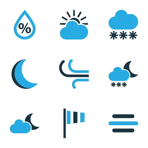 Conjunto de ícones coloridos da natureza. Coleção de vento, noite, nevasca e outros elementos. Também inclui símbolos como brisa, noite, previsão . —  Vetores de Stock