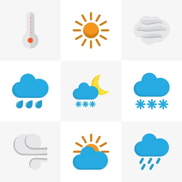 Meteorologie platte Icons Set. Collectie van winderig, sneeuw, regen en andere elementen. Ook symbolen zoals Hot, Storm, Cloud. — Stockvector