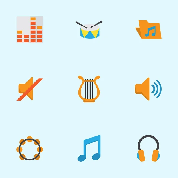 Muziek platte Icons Set. Collectie te controleren, oorwarmers, elementen van de Band. Ook symbolen zoals Band, Harp, Volume. — Stockvector