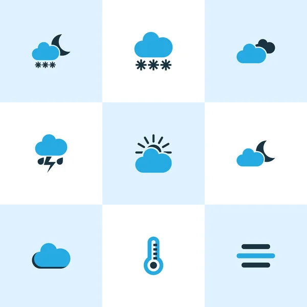 Clima conjunto de ícones coloridos. Coleção de trovoada, luar, nevasca e outros elementos. Também inclui símbolos como queda de neve, relâmpago, tempestade . —  Vetores de Stock