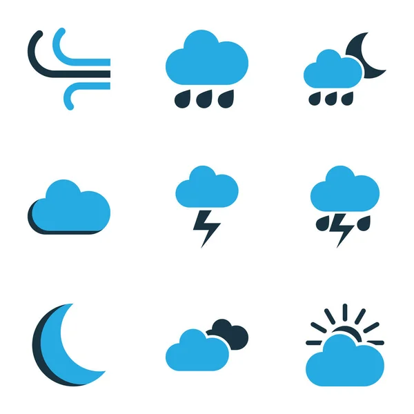 Nature Colored Icons Set. Collection Of Fog, Overcast, Lightning And Other Elements. Also Includes Symbols Such As Breeze, Moon, Weather. — Stock Vector