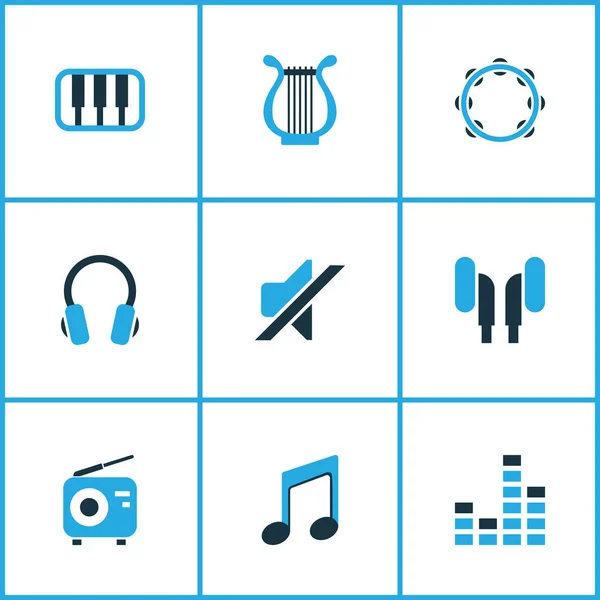 Muzyka kolorowy zestaw ikon. Kolekcja tamburyn, Radio, harfa i inne elementy. Również zawiera symbole, takie jak głośność, słuchawka, wyciszenie. — Wektor stockowy