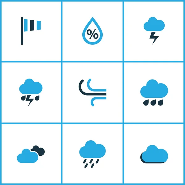 Meteorología Conjunto de iconos de colores. Colección de tormentas eléctricas, velocidad del viento, precipitaciones y otros elementos. También incluye símbolos como lluvia, nublado, lluvia . — Vector de stock