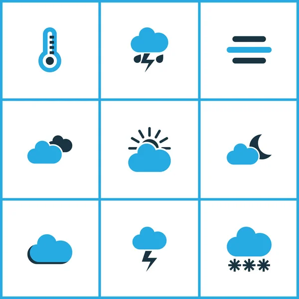 Set icone colorate per il clima. Collezione di nevicate, nuvoloso, termometro e altri elementi. Include anche simboli come ruggine, vento, temperatura . — Vettoriale Stock