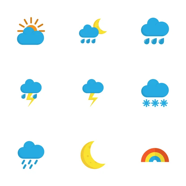 Climate Flat Icons Set. Collection Of Sunny, The Flash, Bow And Other Elements. Also Includes Symbols Such As Flash, Winter, Moon. — Stock Vector