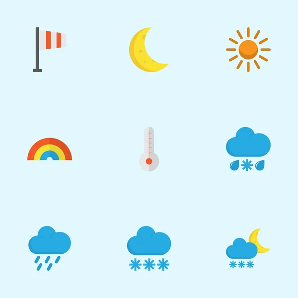 Meteorology Flat Icons Set. Collection Of Banner, Temperature, Drizzles And Other Elements. Also Includes Symbols Such As Winter, Colors, Shower. — Stockvector