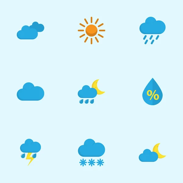 Meteorológia lapos ikonok beállítása. Hó, felhő, zuhanyzó és más elemek gyűjteménye. Magában foglalja a szimbólumok, mint a pestissel, most, felhős, forró. — Stock Vector
