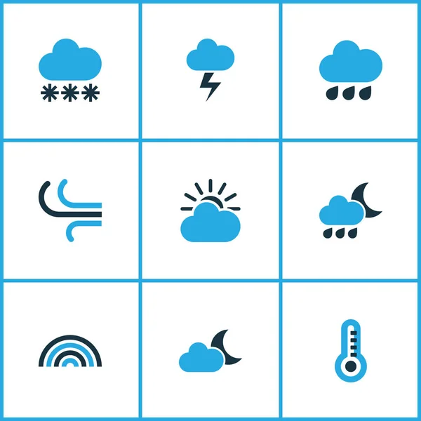 Набор икон климатического цвета. "Collection Of Wind, Overcast, Rainfall And Other Elements". Also Includes Symbols such as Cloud, Winter, Lightning . — стоковый вектор