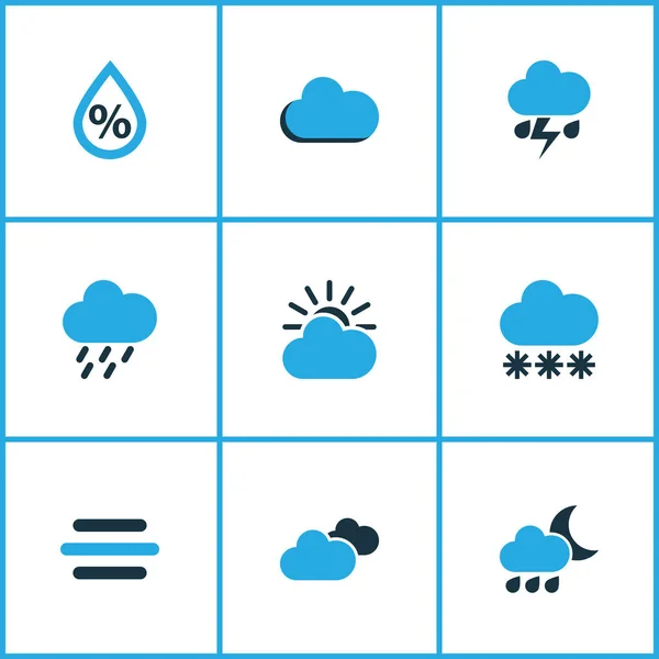 Időjárás színes ikonok beállítása. Havazás, vihar, felhős és más elemek gyűjteménye. Magában foglalja a szimbólumok, mint a szélroham, hó, vihar. — Stock Vector