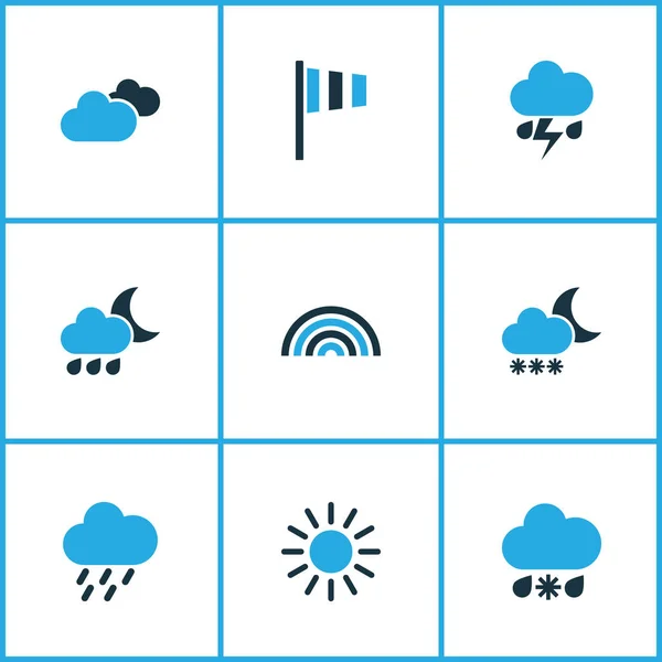 Set di icone colorate di meteorologia. Raccolta di freddo, cielo nuvoloso, temporale e altri elementi. Include anche simboli come Blizzard, Vento, freddo . — Vettoriale Stock