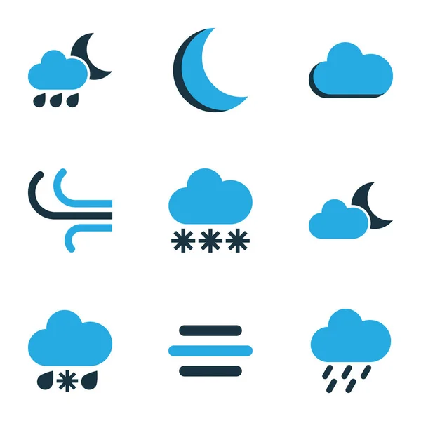 Klimafarbene Symbole gesetzt. Sammlung von Regen, Schneefall, Nebel und anderen Elementen. enthält auch Symbole wie Böen, Regen, Winter. — Stockvektor