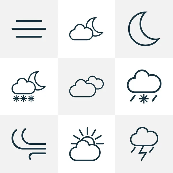 Καιρός περιγράμματα σύνολο. Συλλογή αεράκι, χιονισμένο βρέχει, το φεγγάρι και άλλα στοιχεία. Επίσης περιλαμβάνει σύμβολα όπως ο καιρός, βροχή, άνεμο. — Διανυσματικό Αρχείο