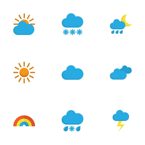 Meteorología Set de iconos planos. Colección de sol, flash, lloviznas y otros elementos. También incluye símbolos tales como ducha, piedras preciosas, nublado . — Archivo Imágenes Vectoriales