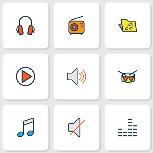 Μουσική χρωματιστά περιγράμματα σύνολο. Συλλογή από ακουστικά, σίγαση, όγκο και άλλα στοιχεία. Επίσης περιλαμβάνει σύμβολα, όπως βαρέλι, ραδιόφωνο, όγκος. — Διανυσματικό Αρχείο
