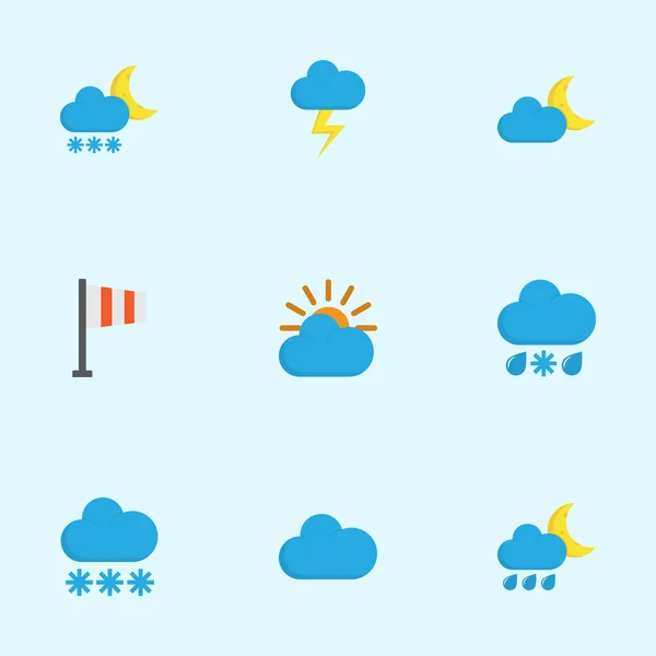 Clima Conjunto de iconos planos. Colección de Crescent, Flash, Frosty y otros elementos. También incluye símbolos como nieve, invierno, bandera . — Archivo Imágenes Vectoriales