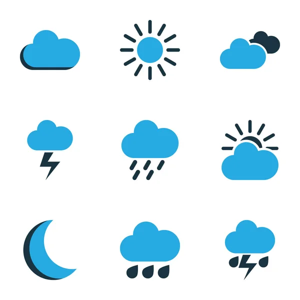 Set di icone colorate di meteorologia. Collezione di nuvoloso, tempesta di pioggia, fulmini e altri elementi. Include anche simboli come sole, sole, tempesta di pioggia . — Vettoriale Stock