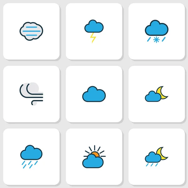 Set di contorni colorati natura. Collezione di vento, nuvole, Hazy e altri elementi. Include anche simboli come nuvola, nuvoloso, luna . — Vettoriale Stock