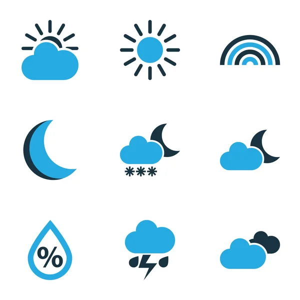 Set icone colorate per il clima. Collezione di Sunny, Blizzard, Night e altri elementi. Include anche simboli come arco, umidità, chiaro di luna . — Vettoriale Stock