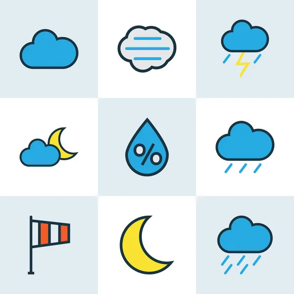 Clima Conjunto de contornos coloridos. Coleção de granizo, dia nublado, chuva e outros elementos. Também inclui símbolos como bandeira, nebuloso, tempestade . — Vetor de Stock
