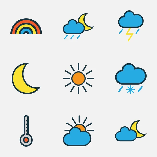 Meteorologie farbige Umrisse gesetzt. Sammlung von Sonnenschein, Regenbogen, Tornado und anderen Elementen. beinhaltet auch Symbole wie Regenbogen, Gewitterschlag, Sonnenenergie. — Stockvektor