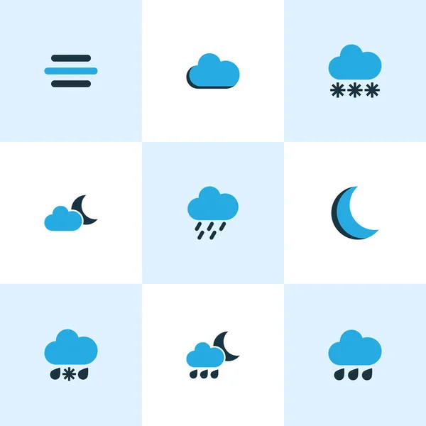 Wetter farbige Symbole gesetzt. Sammlung von Nacht, Mondschein, Brise und anderen Elementen. enthält auch Symbole wie Regen, Brise, Schneefall. — Stockvektor