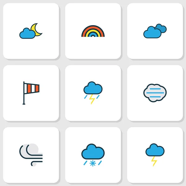 Набор цветных контуров природы. Коллекция Windy, Cloudburst, Thunderstroke и других элементов. Also Includes Symbols such as Moon, Storm, Cloudburst . — стоковый вектор
