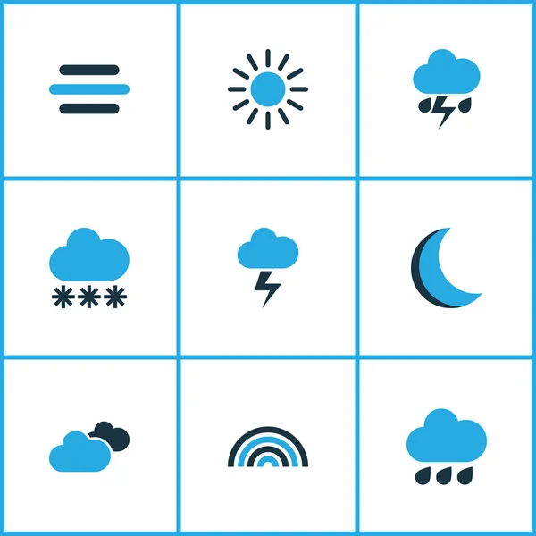 Ensemble d'icônes colorées météo. Collection d'Arc, d'Orage, de Foudre et d'autres éléments. Comprend également des symboles tels que l'hiver, été, neige . — Image vectorielle