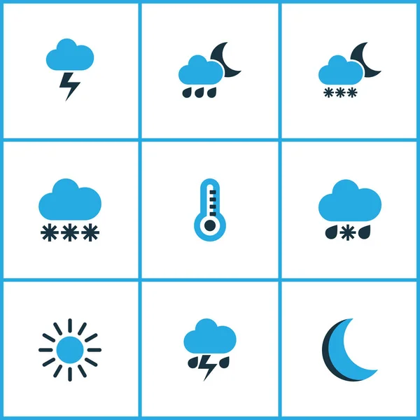 Időjárás színes ikonok beállítása. Hideg időjárás, hőmérő, éjszaka és egyéb elemek gyűjteménye. Magában foglalja a szimbólumok, mint például a hőmérő, termosztát, hideg. — Stock Vector