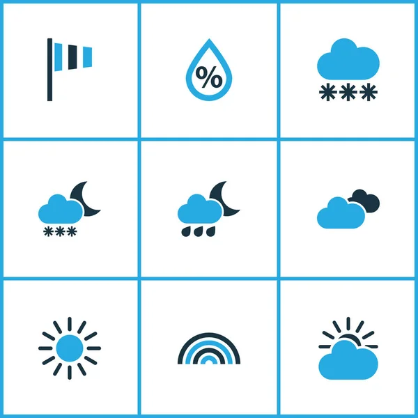 Meteorology Colored Icons Set. Collection Of Blizzard, Overcast, Arc And Other Elements. Also Includes Symbols Such As Overcast, Percent, Snowfall. — Stock Vector