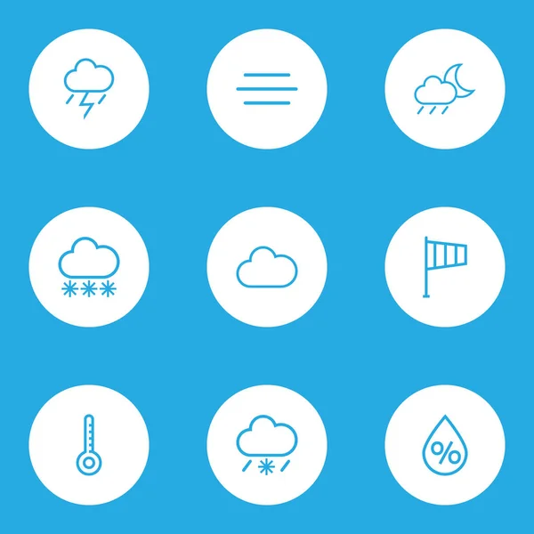 Meteorologia Outlines Set. Raccolta di goccia, nuvola, neve e altri elementi. Include anche simboli come goccia, vento, nuvoloso . — Vettoriale Stock