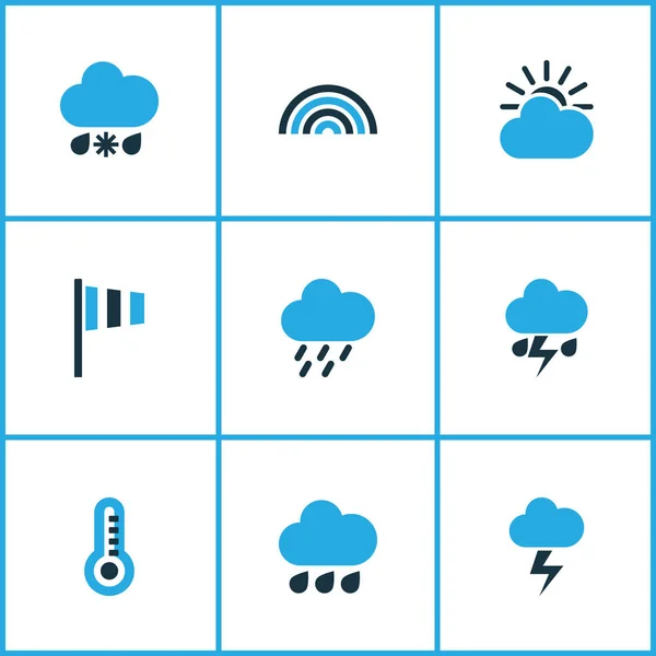 Klimafarbene Symbole gesetzt. Sammlung von Lichtbogen, Regensturm, Windgeschwindigkeit und anderen Elementen. enthält auch Symbole wie Geschwindigkeit, bewölkt, kalt. — Stockvektor