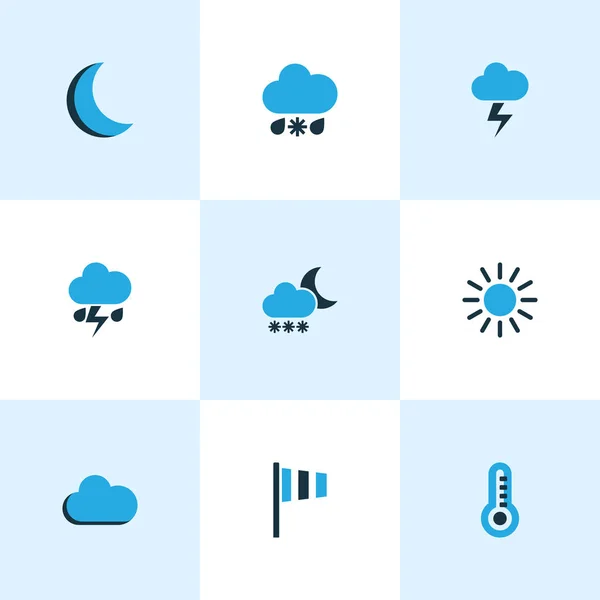 İklim Icons Set renkli. Soğuk hava, Rüzgar hızı, güneşli ve diğer öğeleri koleksiyonu. Ayrıca Blizzard, Moon, Night gibi simgeler içerir. — Stok Vektör