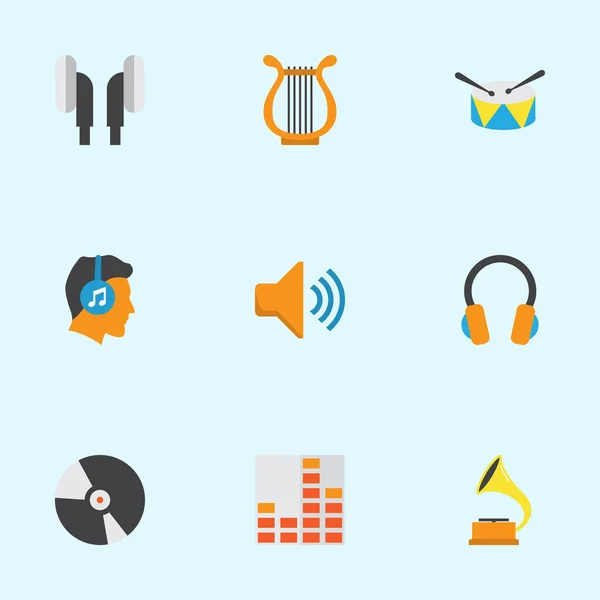 Muziek platte Icons Set. Collectie van Band, Dj, mannelijke elementen. Ook symbolen zoals de fonograaf, Volume, stem. — Stockvector
