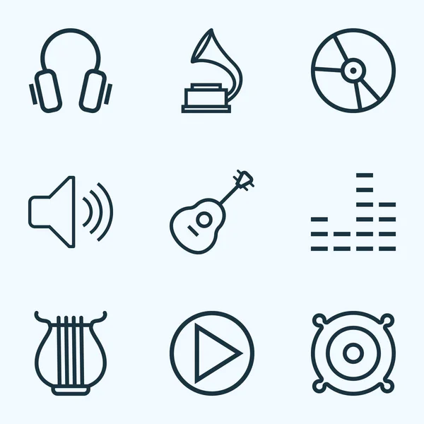 Muziek contouren Set. Inzameling van Plastic, fonograaf, oortelefoons en andere elementen. Ook symbolen zoals redenaar, spreker, Mixer. — Stockvector