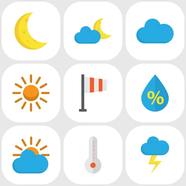 Meteorológia lapos ikonok beállítása. Gyűjteménye Sunny, vidd, félhold és más elemek. Magában foglalja a jeleket, mint például a csepegtető, a Hold, a vihar. — Stock Vector