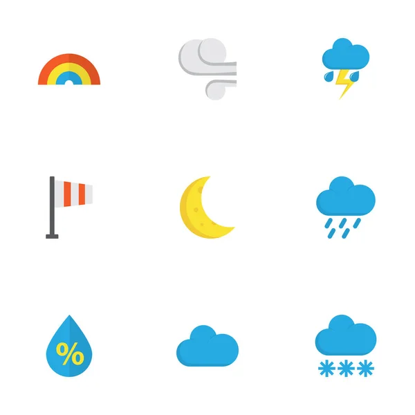 Conjunto de ícones meteorológicos planos. Coleção de tempestade, gota, lua e outros elementos. Também inclui símbolos como tempestade, surto, nevasca . —  Vetores de Stock