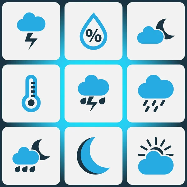 Klimafarbene Symbole gesetzt. Sammlung von Regenstürmen, Gewittern, Blitzen und anderen Elementen. enthält auch Symbole wie Mondschein, Nacht, bewölkt. — Stockvektor