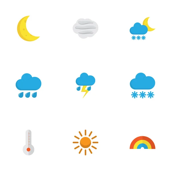 Conjunto de ícones planos da natureza. Coleção de chuva, temperatura, raios e outros elementos. Também inclui símbolos como temperatura, surto, inverno . —  Vetores de Stock