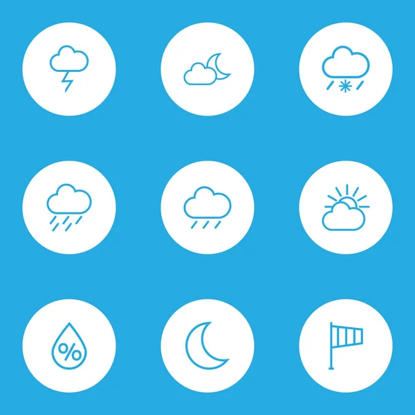 Meteorología Conjunto de esquemas. Colección de Lluvia Nevada, Gota, Tormenta y Otros Elementos. También incluye símbolos tales como luna, relámpago, lluvia . — Archivo Imágenes Vectoriales