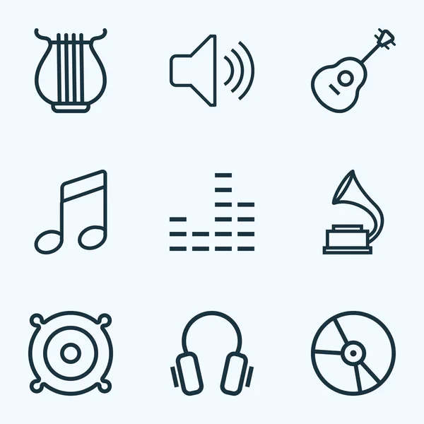 Muziek contouren Set. Collectie tekenreeksen, kunststof, Audio niveau en andere elementen. Ook symbolen zoals hoofdtelefoon, Speaker, geluiden. — Stockvector