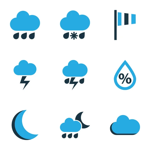 Klimaat gekleurd Icons Set. Collectie van Lightning, de luchtvochtigheid, de nacht en de andere elementen. Ook symbolen zoals Storm, maanlicht, bewolkt. — Stockvector