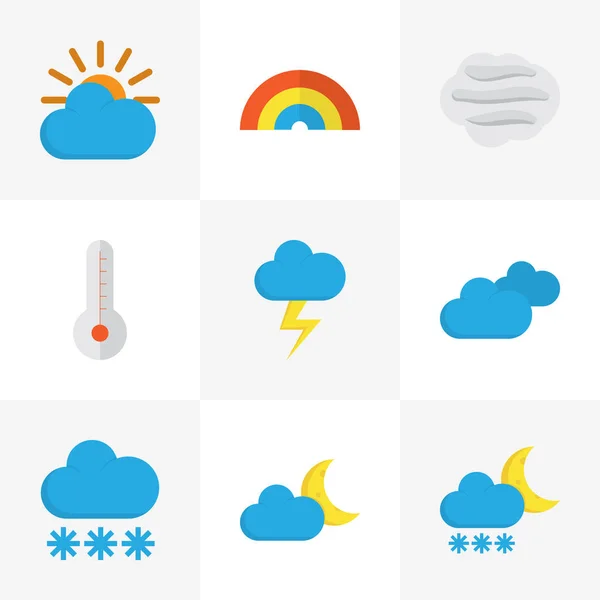Időjárás lapos ikonok beállítása. Gyűjtemény a hőmérséklet, szeles, hó és egyéb elemek. Magában foglalja a szimbólumok, mint a nap, a felhő, a szivárvány. — Stock Vector